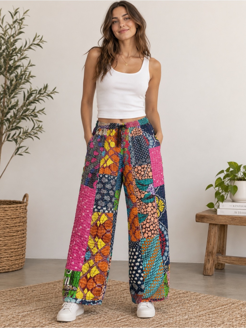 Kantha Vibrant Patchwork Wide-Leg Pants in Multi Pink